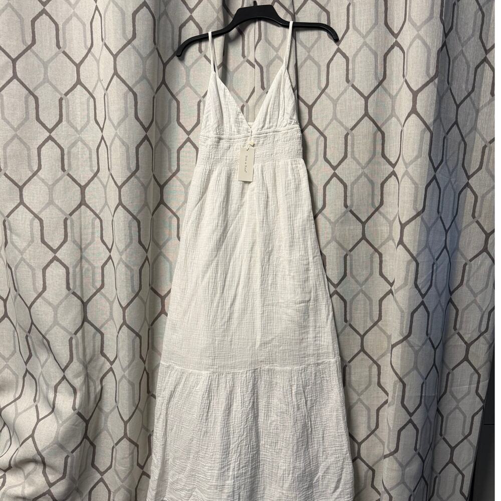 Sim & Sam White Cotton Dress Medium V-Neck Open Back Boho Cottagecore Summer - Picture 4 of 15
